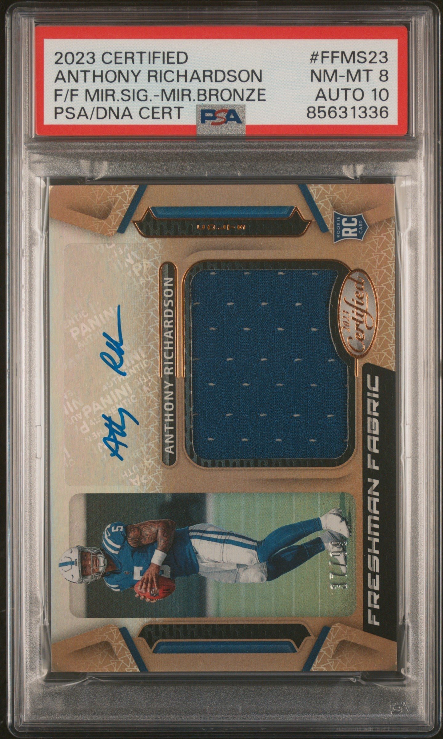 qB1YFC2Rn0WmALrGgAxtvA Anthony Richardson 2023 Panini Certified Mirror Bronze Auto Jersey #37/99 PSA 8 Auto 10 - Image 1