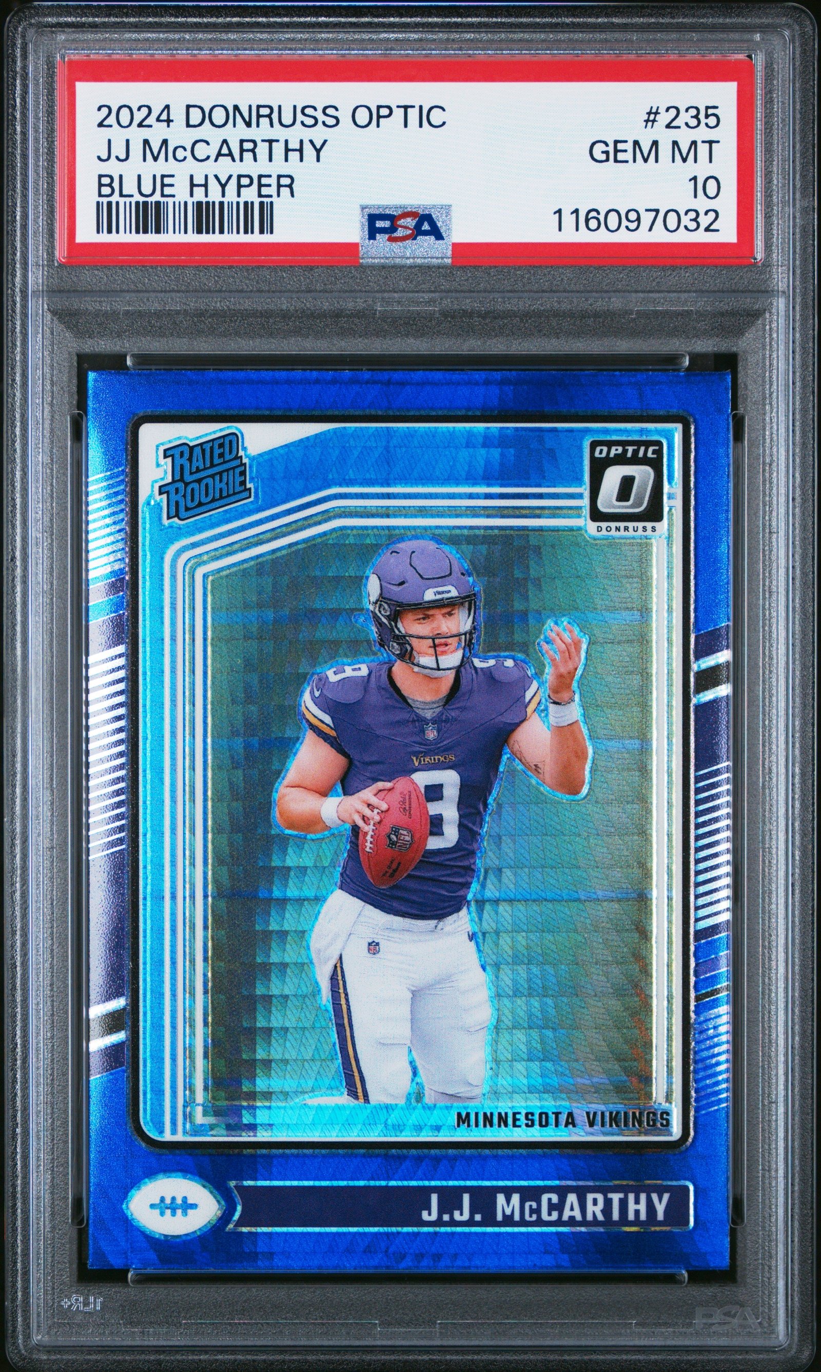 rNhQnQWXNkm28Fk1YgV3kQ JJ McCarthy 2024 Donruss Optic Rookie #235 Blue Hyper PSA 10 Gem Mint - Image 1