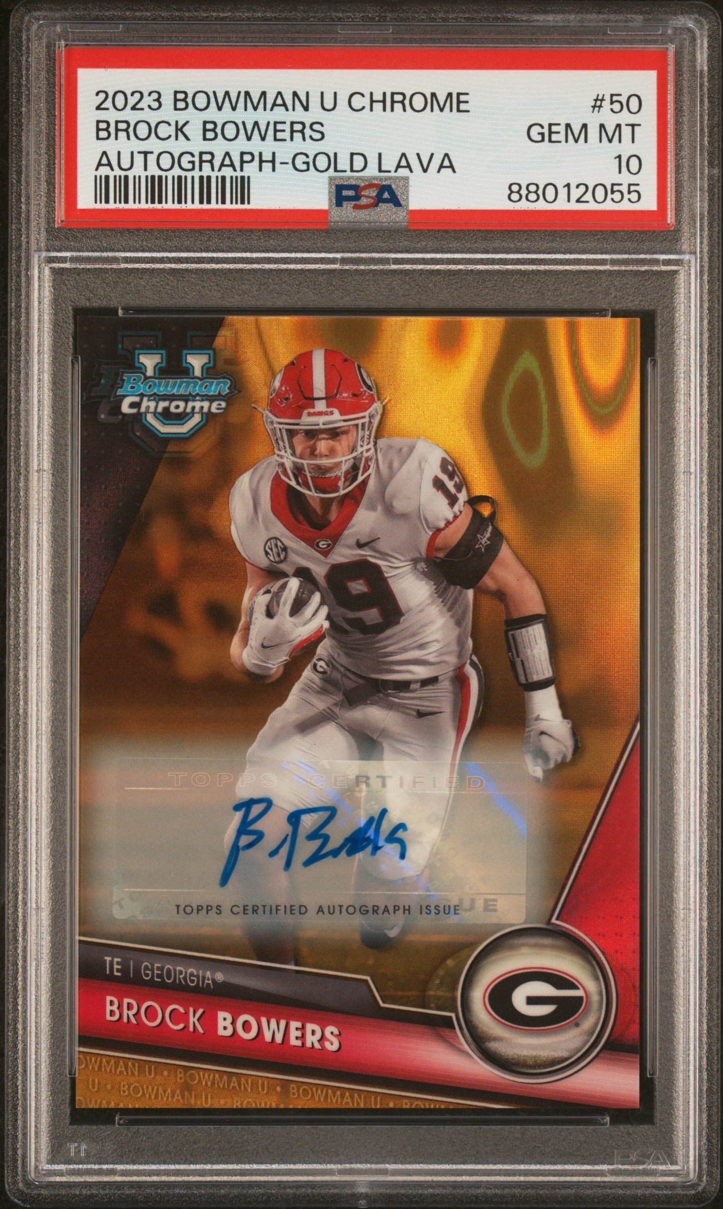 sbcHcOtB0UODs5lultk_4w Brock Bowers 2023 Bowman Chrome U Gold Lava Auto #50/50 PSA 10 Gem Mint - Image 1