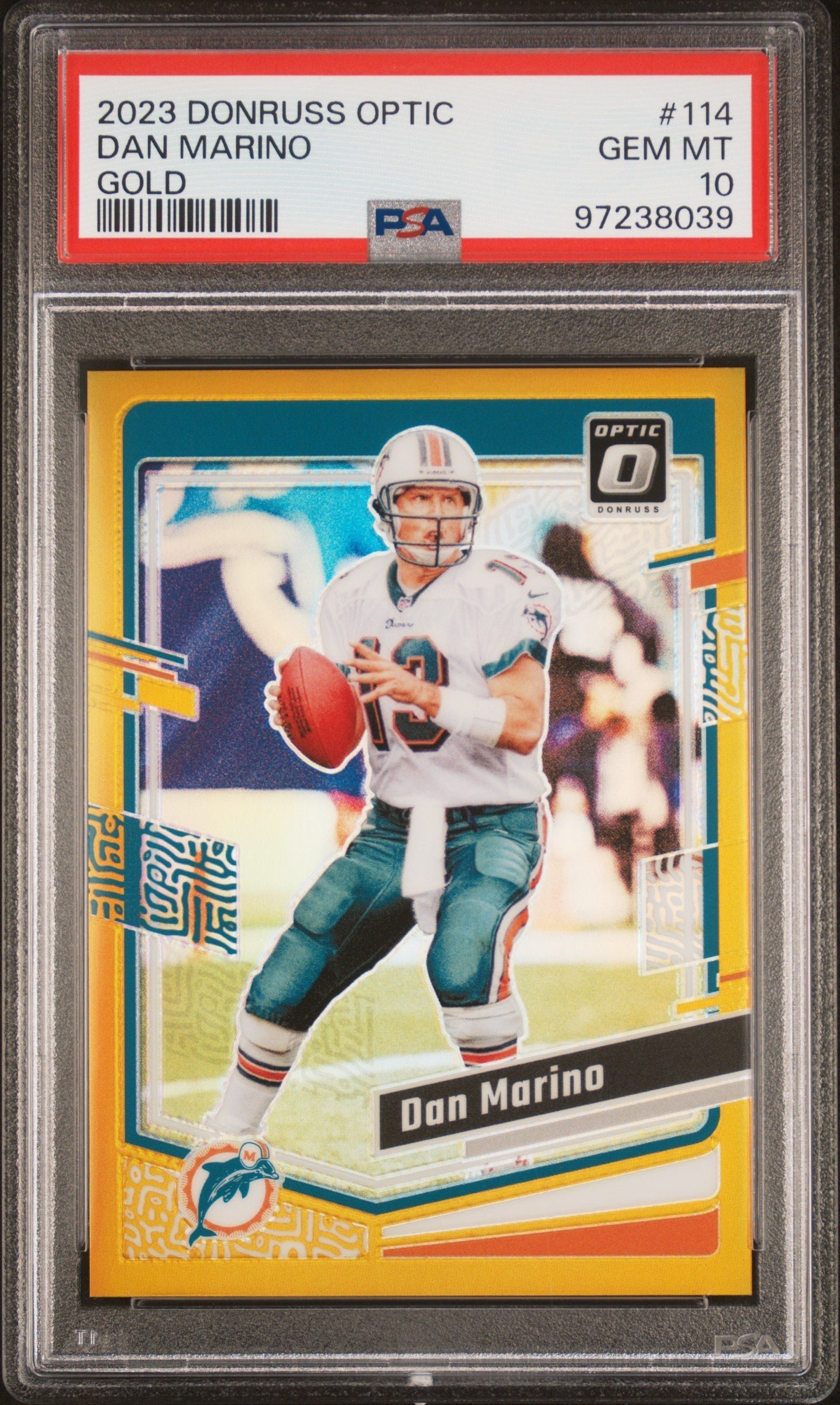 wQlmdrAmn0eIkcxt8btCdg Dan Marino 2023 Donruss Optic #114 Gold #6/10 PSA 10 Gem Mint - Image 1