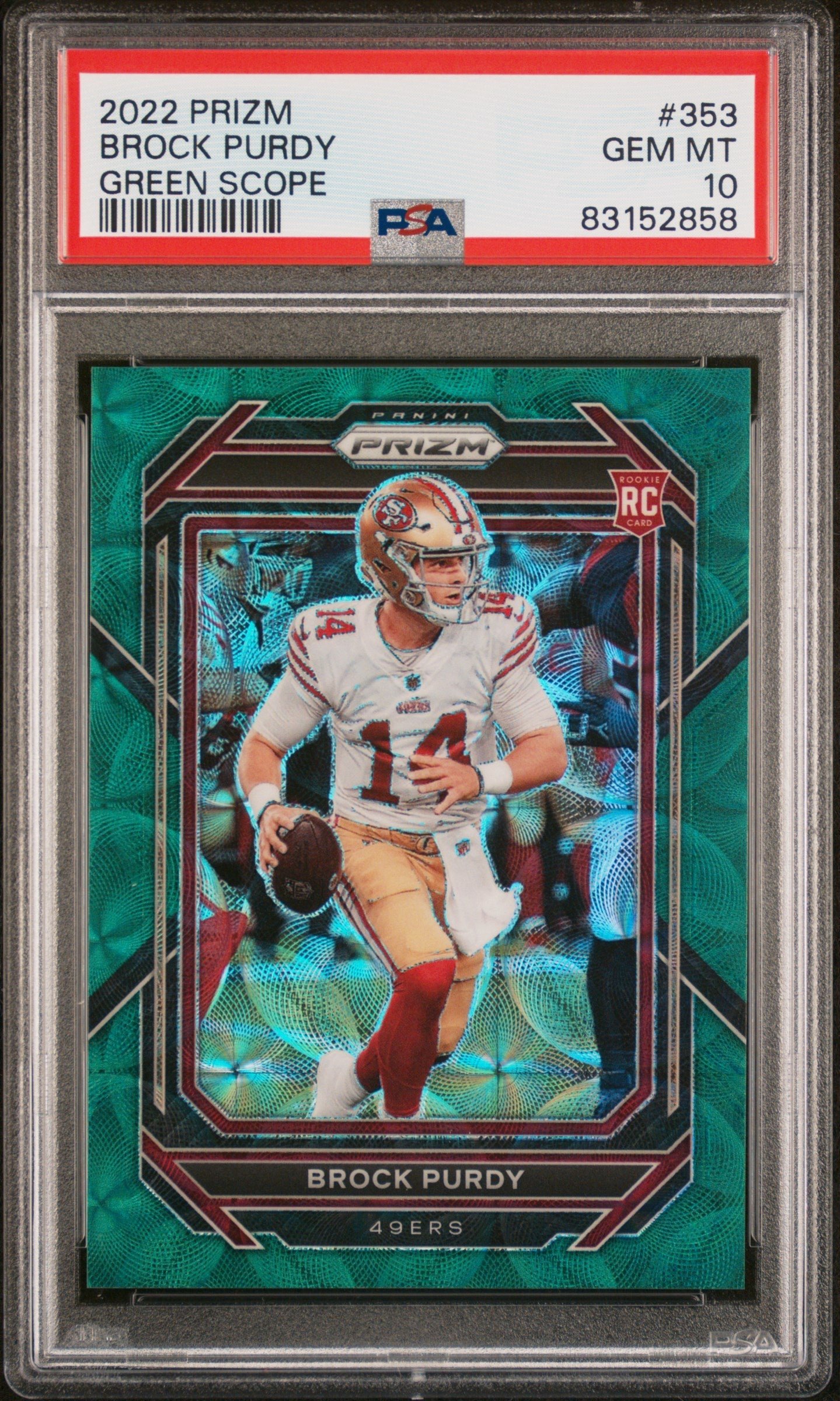 y8C_5QLqU0ys0ncnmcg-nw Brock Purdy 2022 Panini Prizm Rookie #353 Green Scope #68/75 PSA 10 Gem Mint - Image 1